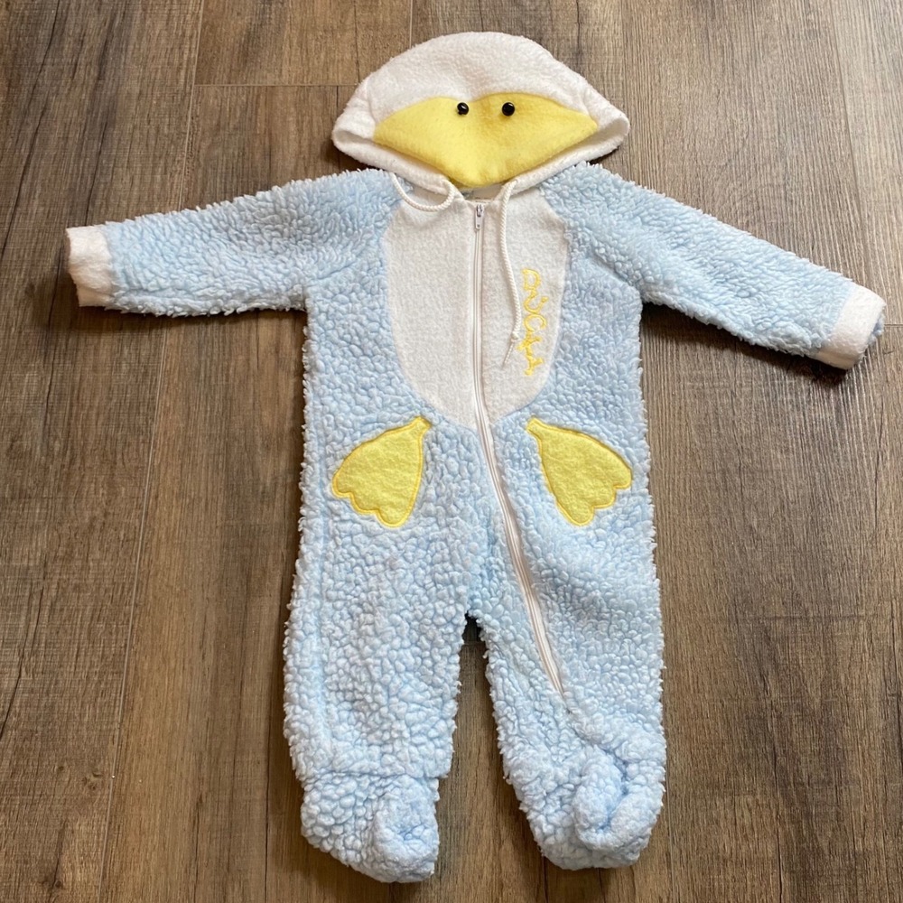 Teddy Bears Baby Blue Duck Fleece Hooded Footed Costume 0-6 Months VINTAGE?